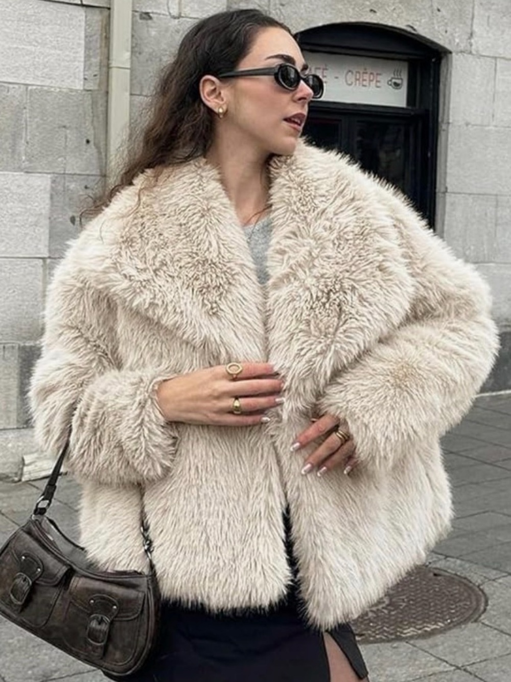 Flygo Faux Fur Coat Fluffy Jacket Long Sleeve Furry Winter Shaggy Short Coat